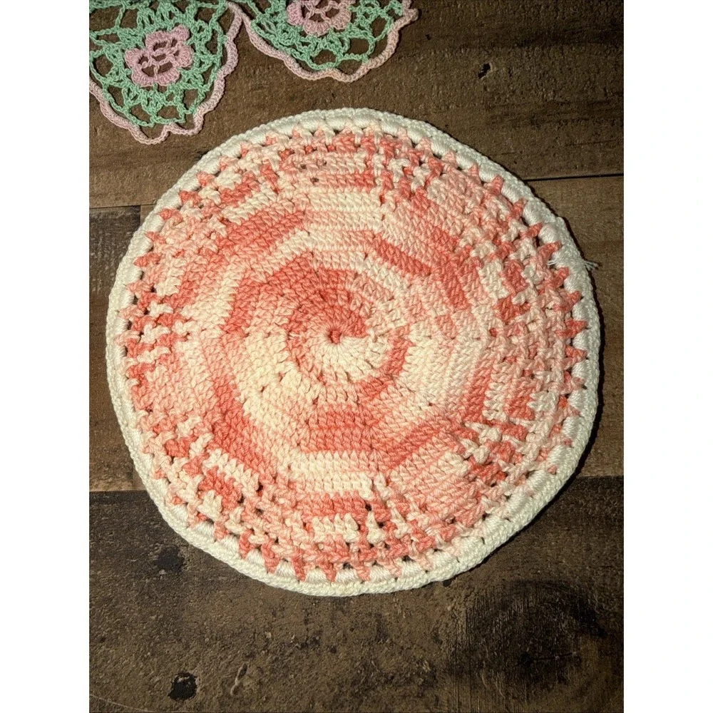 Vintage Handmade Crochet Doilies Lot Set of 3 Pink Green Purple Boho Table Decor